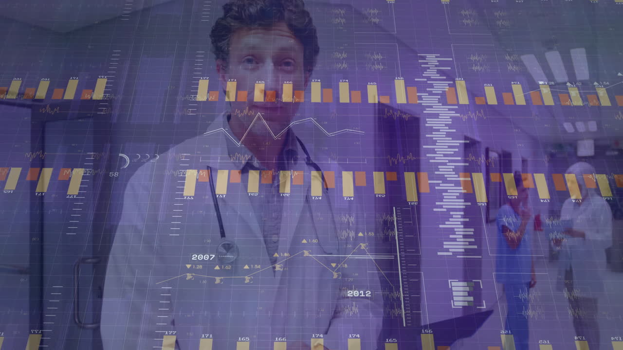 Medical data charts and graphs animation over doctor in hospital setting
