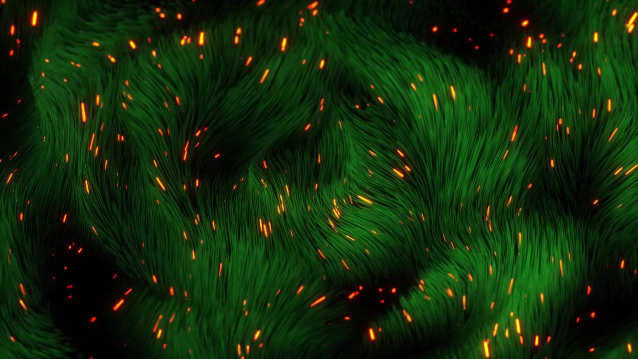 光るオレンジ色の粒子を伴う、抽象的な3Dの緑色の波状繊維