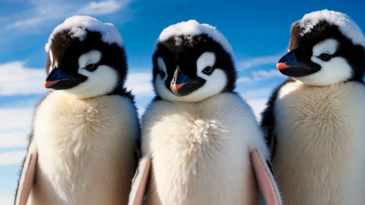 tres pingüinos bebés de pie en la parte superior de un suelo cubierto de nieve