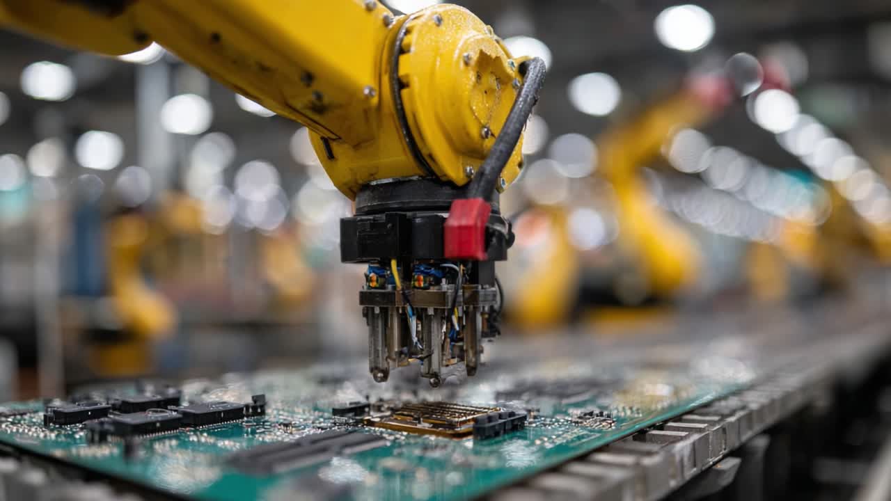 Advanced Robotic Arm Assembling Electronic Components on a Circuit Board in a High-Tech Manufacturing Facility with Multiple Automated Devices in Operation