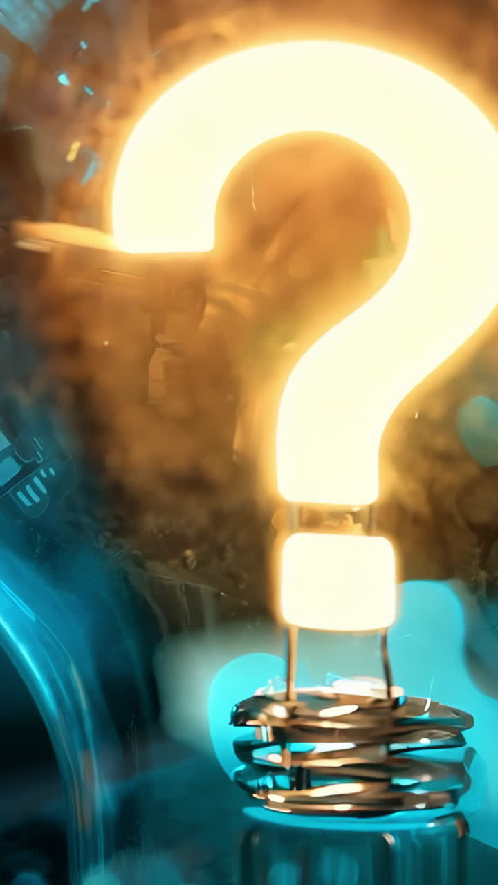 A light bulb with a question mark on it is floating above a laptop. Concept of curiosity and wonder, as if the light bulb is asking a question or seeking an answer