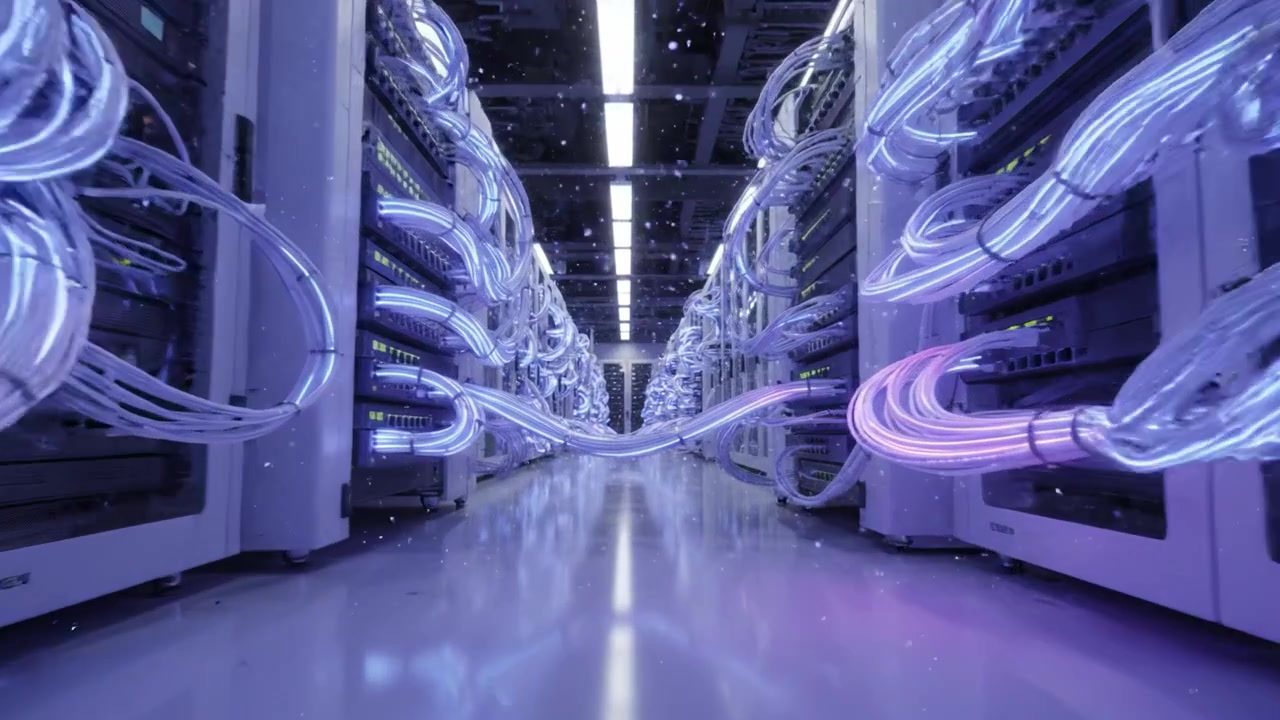 A High-Tech Data Center Filled with Advanced Server Racks Illuminated by Blue Light, Showcasing a Futuristic and Efficient Computing Environment for Data Management