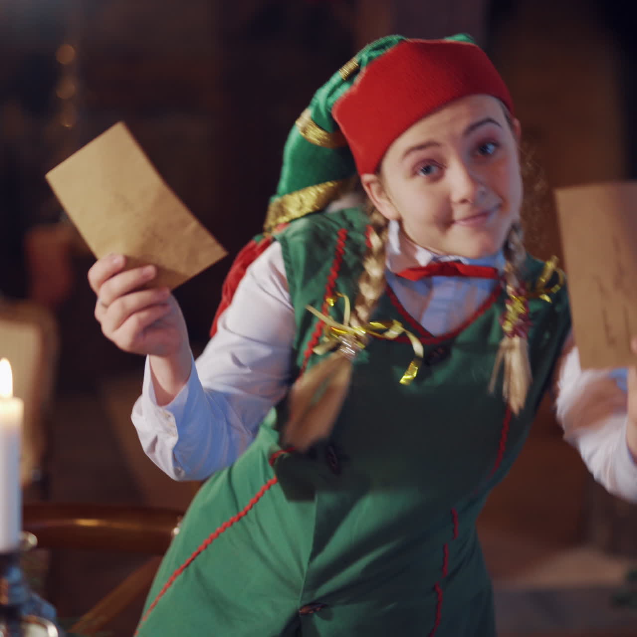 Curious elf with envelopes on the background of Christmas tree and a fireplace in the room. Happy girl in elf costume choosing envelopes and showing them to camera.