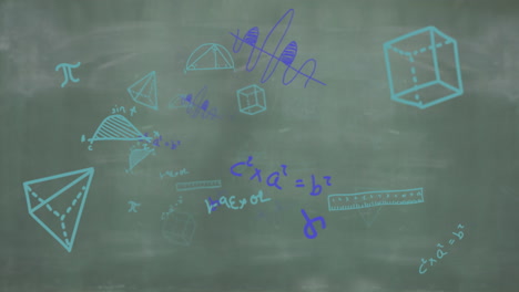 icono de graduación y diploma contra diagramas matemáticos y ecuaciones en la pizarra