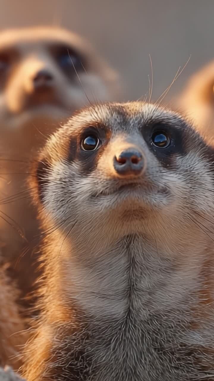 Un Par de Adorables Suricatas Mirando Hacia Arriba, Capturando el Cálido Resplandor de la Luz del Atardecer en sus Curiosas Expresiones y Rasgos Únicos