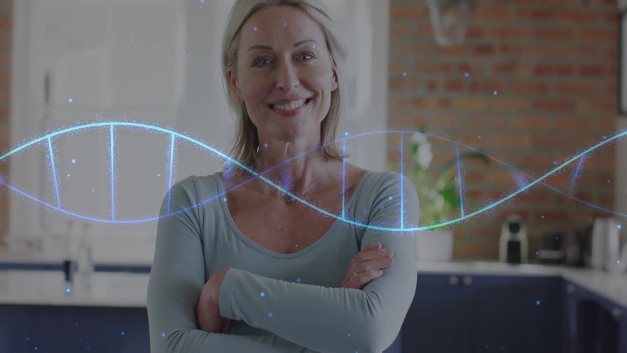 animación de una cadena de adn sobre el retrato de una mujer caucásica en casa