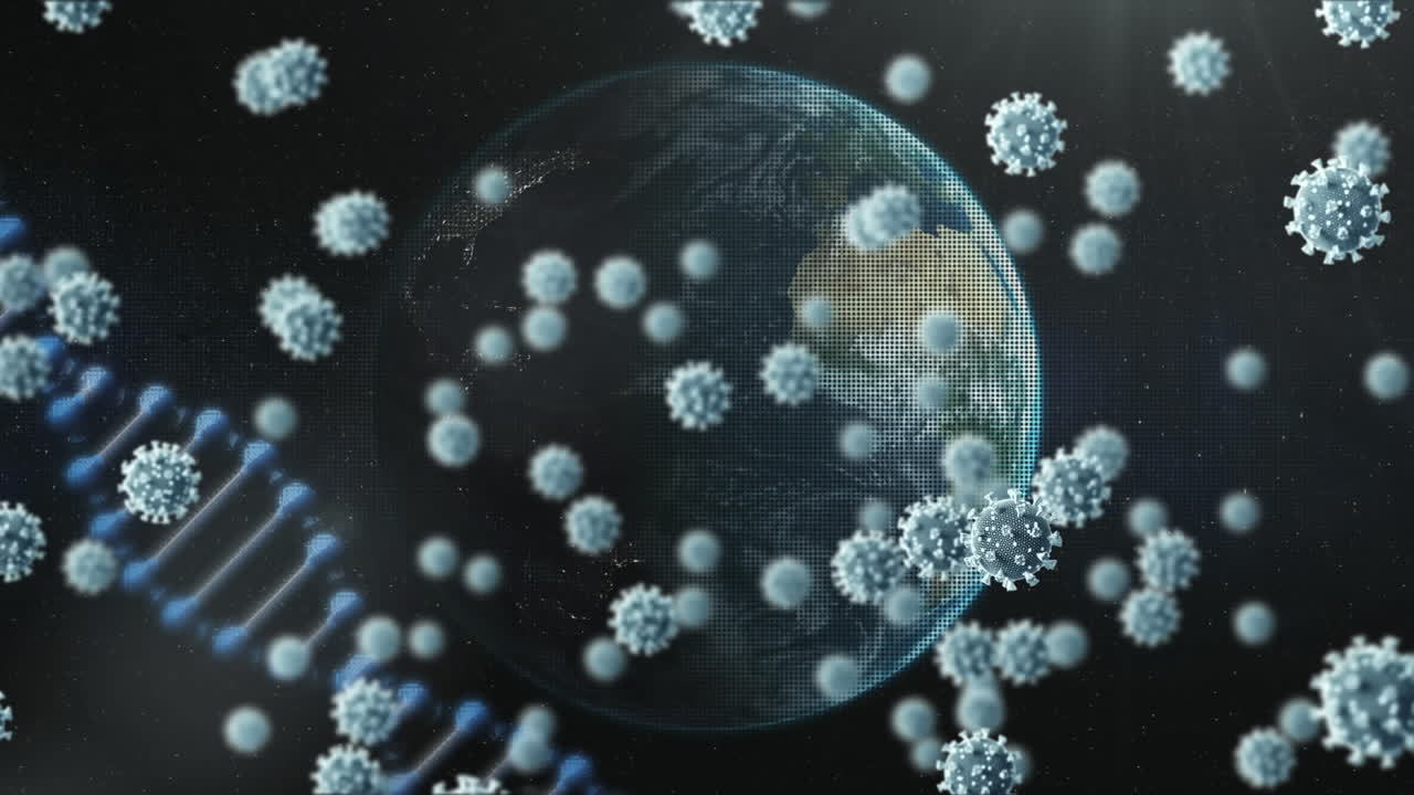 dna 구조와 코로나19 세포는 전 세계에 걸쳐 검은색 배경에 있습니다.