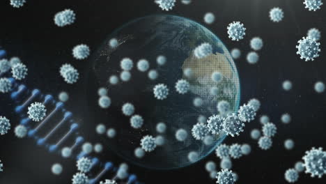 estructura del adn y células de covid-19 en todo el mundo contra un fondo negro