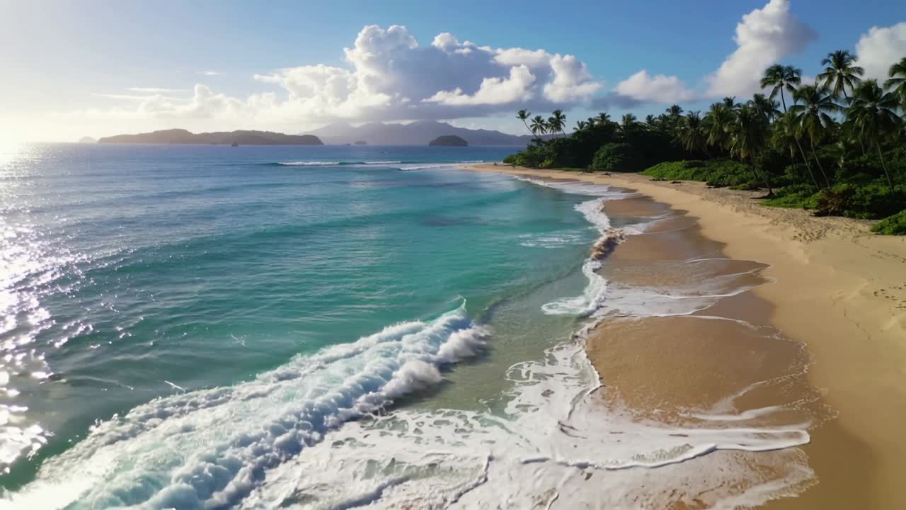 Drone iniciando varredura ao longo da costa tropical, mostrando ondas, areia molhada, palmeiras, reflexo do sol.