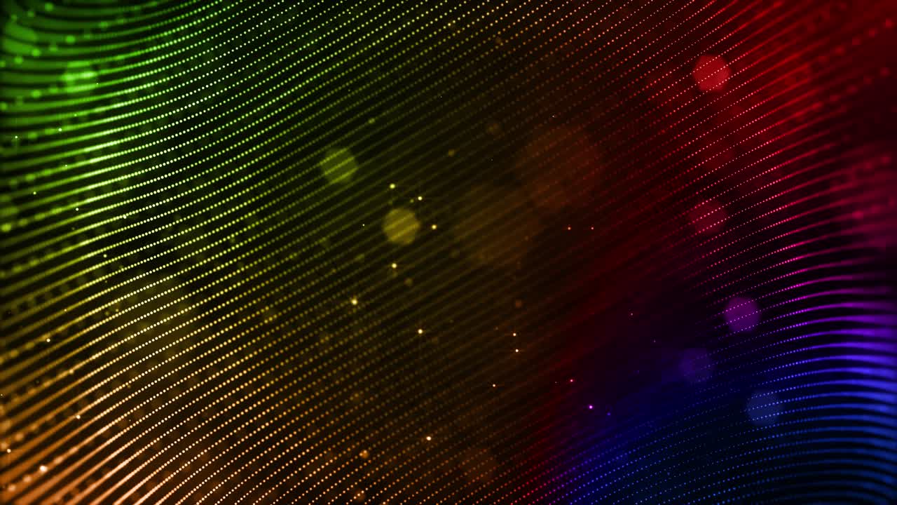 4k looped sci-fi background with bokeh and light effects. Glow gradient color particles form lines, surfaces, string structures as virtual space or hologram for HUD screen. 7