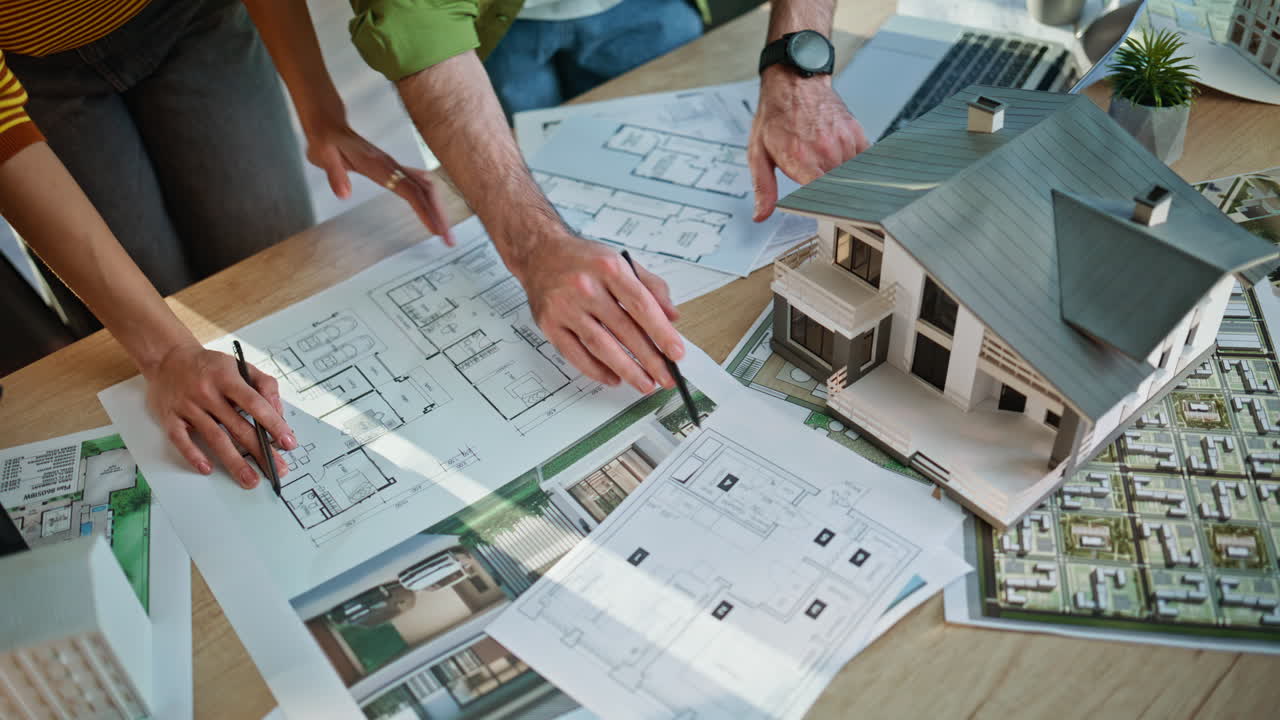 Close de mãos de arquitetos apontando para plantas analisando modelo de construção no escritório