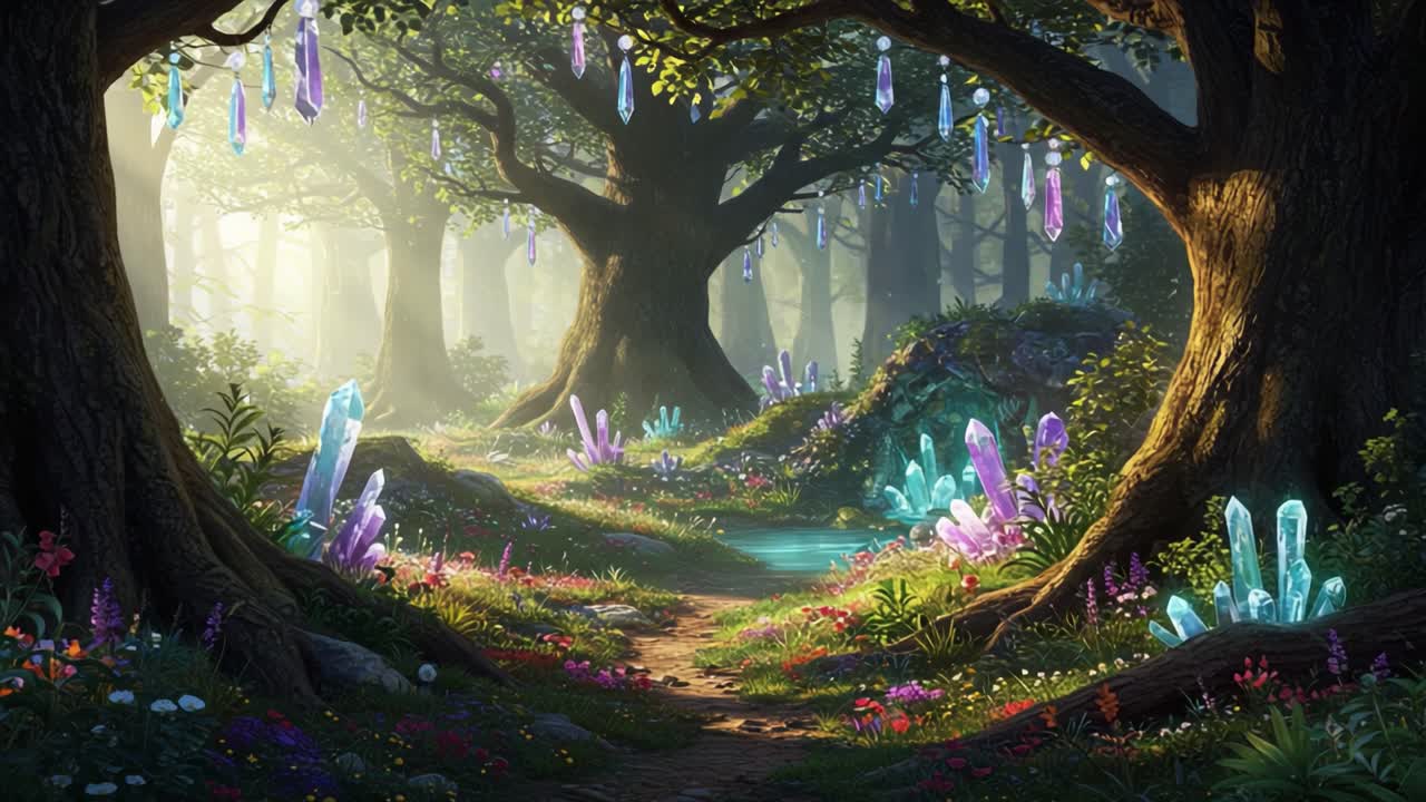 Enchanting Forest Pathway Covered in Colorful Crystals and Flowers Illuminated by Soft Light, Inviting Exploration and Wonder in a Magical Landscape