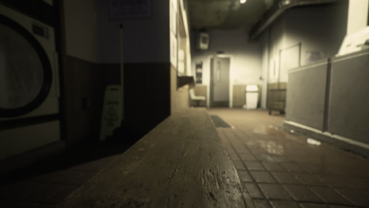 Dimly lit laundromat interior with empty chairs and cleaning signs in view