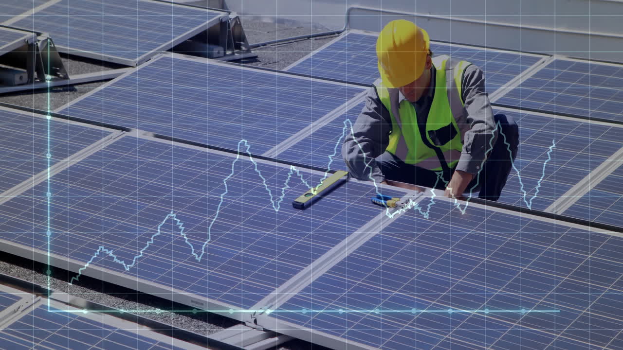 Installing solar panels, worker in safety gear with animation of data graph