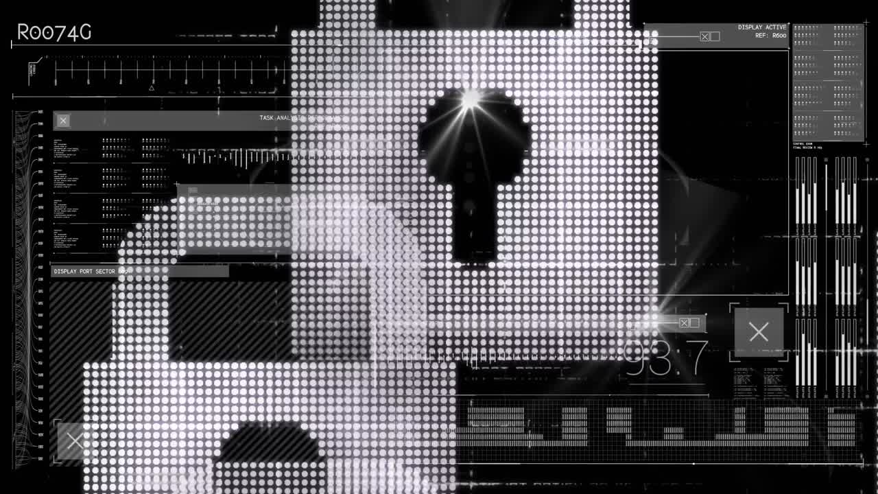 Animation of network of connections with padlock security icons over binary coding