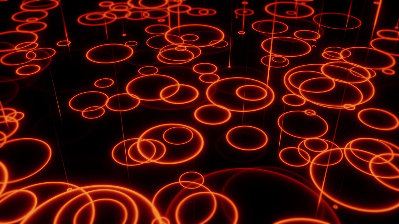 Glødende oransje neonsirkler, abstrakt digital krusningsbakgrunn