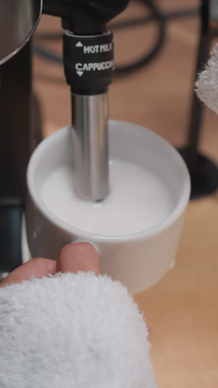 여성은 커피 머신 장치 클로즈업으로 우유를 휘두릅니다. 테리 욕조를 입은 여자가 부에서 카푸치노를 위해 크림을 준비합니다. 가정 요리를 위한 현대적인 기기