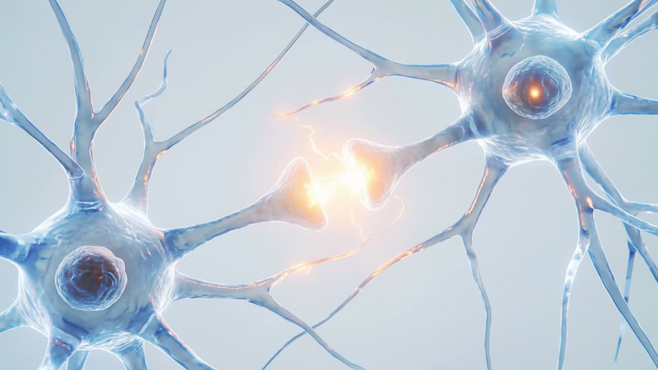 Neurons transmitting electrical signals across synapses in a connected nerve cell network with glowing impulses