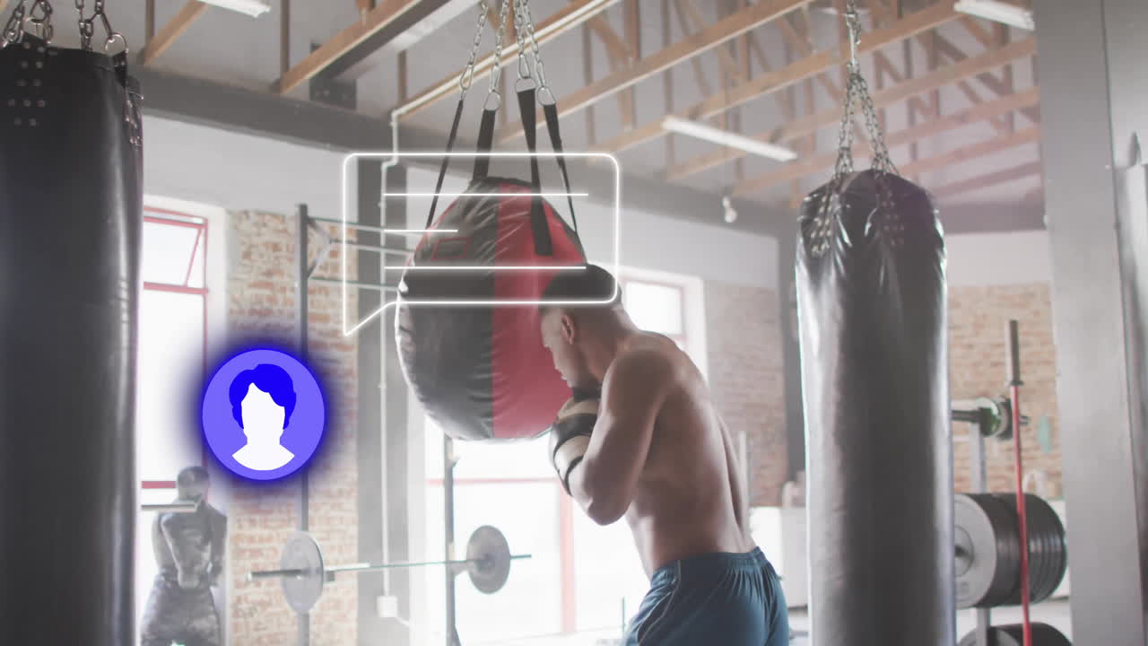 animación de iconos de los medios sobre el hombre biracial golpeando bolsa de boxeo