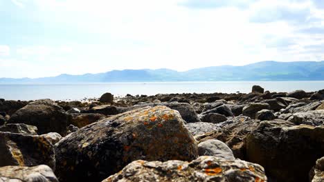 colourful variety of stone boulders beach landscape under north wales mountain range dolly left