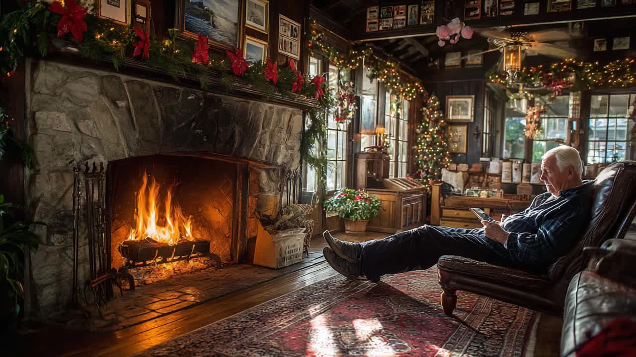 Cozy Moments by the Fireplace: A Reflective Elder Enjoys a Peaceful Evening, Surrounded by Festive Decorations and the Warmth of Flickering Flames in a Rustic Lodge