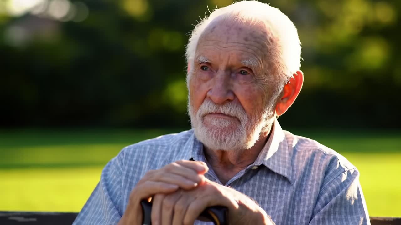 Reflective Moment: An Elderly Man with a Graying Beard Shows Deep Contemplation in a Serene Natural Setting, Capturing the Beauty of Aging and Wisdom