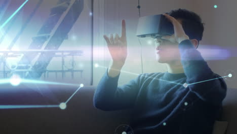 animación de la red de conexiones sobre el hombre de negocios que usa auriculares vr