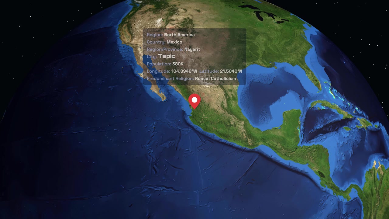 Globo digital acercándose a Tepic, México con superposición de datos de ubicación