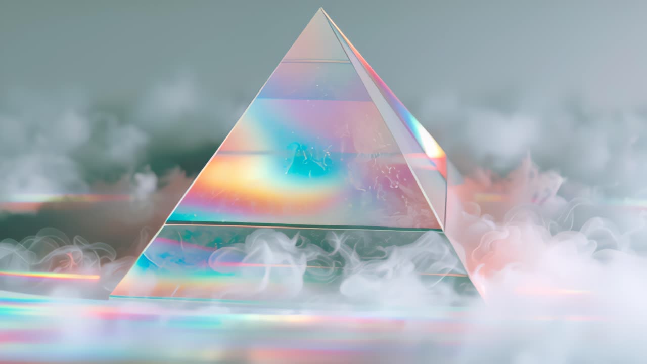 Abstrakt optagelse af en gennemsigtig prismatisk pyramide, der reflekterer holografisk regnbuefarvet lys med blød drivende tåge og bokeh, futuristisk minimalistisk scene med plads til tekst.