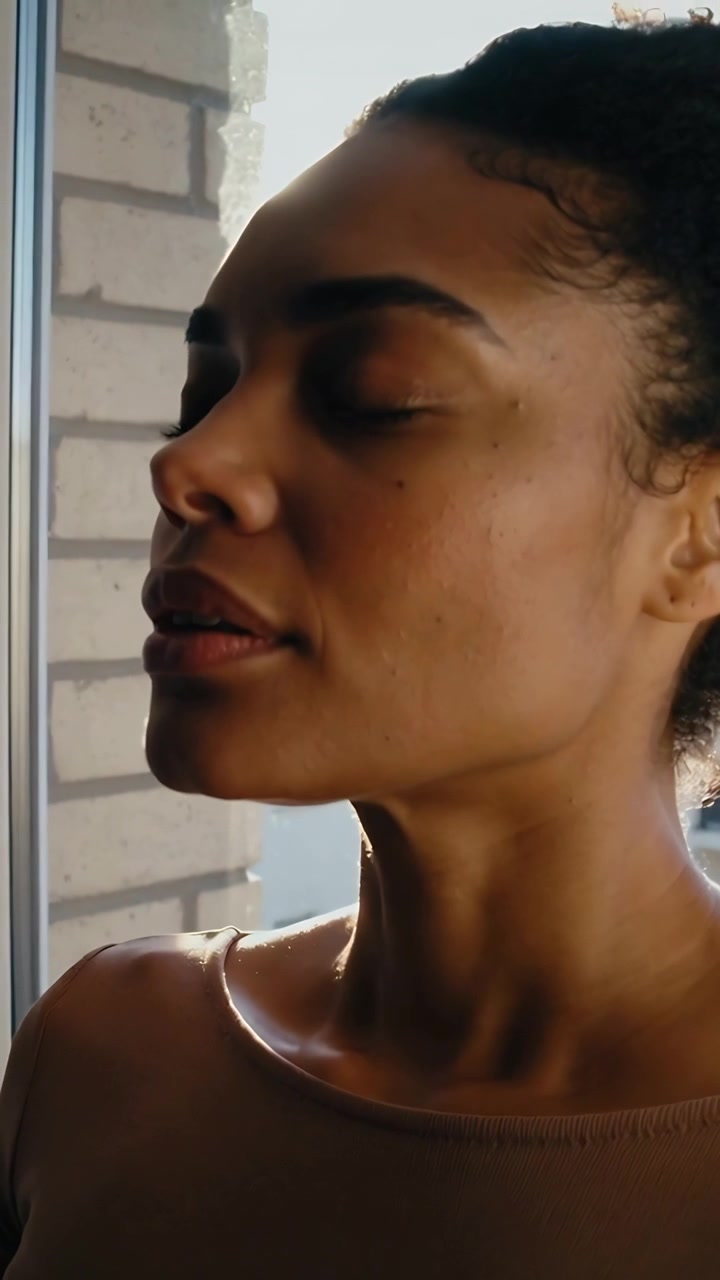 Vertical video: Camera starting showing woman tilting chin at window, rim lighting sleeveless top