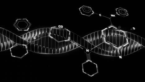 animación de la fórmula química sobre la cadena de adn