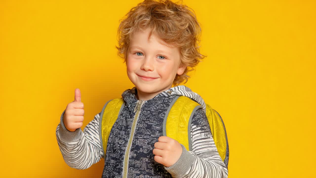 A Cheerful Young Boy with a Backpack Giving a Thumbs-Up Gesture Against a Bright Yellow Background