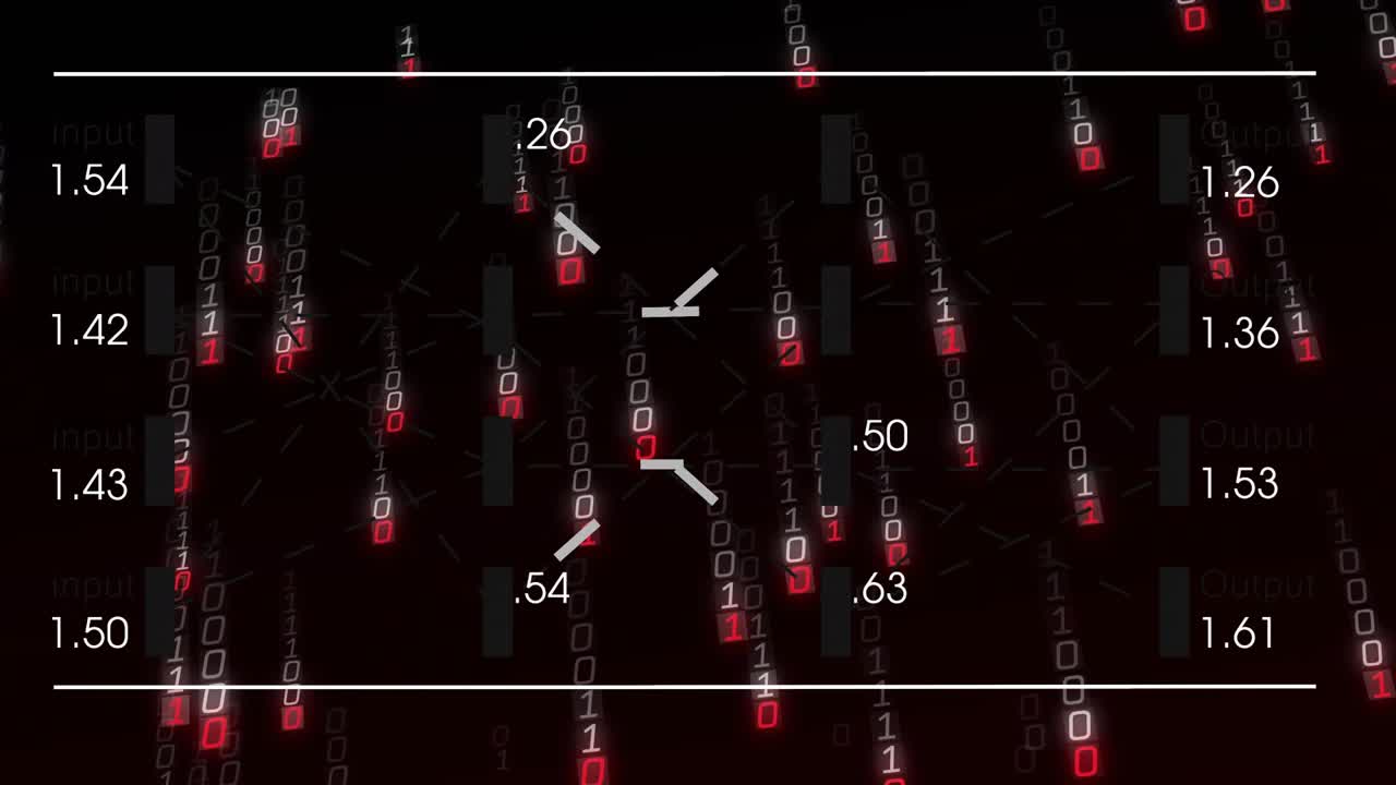Binary streams cascading over input or output bars, selector appearing and rotating updating decimal