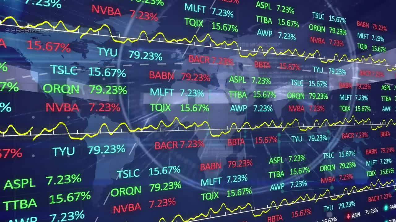 Animation of stock market over world map on black background