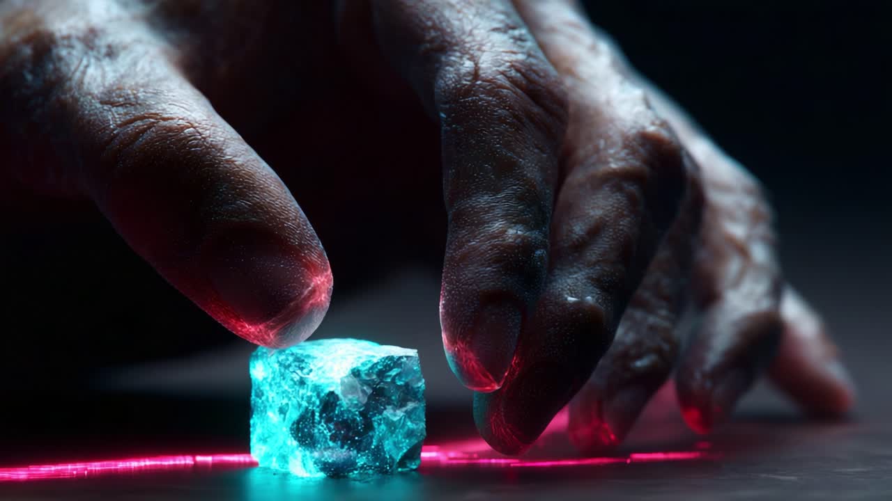 A close-up view of a hand delicately interacting with a glowing ice cube, showcasing intricate textures and vibrant colors that highlight the interplay of light and shadow in an artistic composition