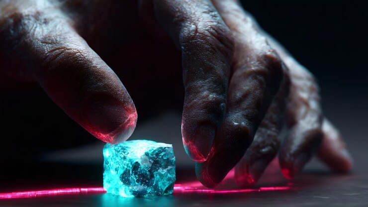Una vista ravvicinata di una mano che tiene delicatamente un cubetto di ghiaccio luminoso, che mette in mostra trame intricate e colori vivaci che evidenziano l'interazione di luci e ombre in una composizione artistica
