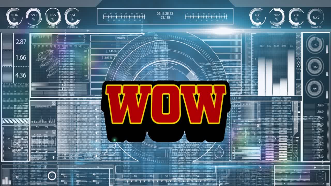 Animazione del testo "wow" e elaborazione dati su sfondo blu