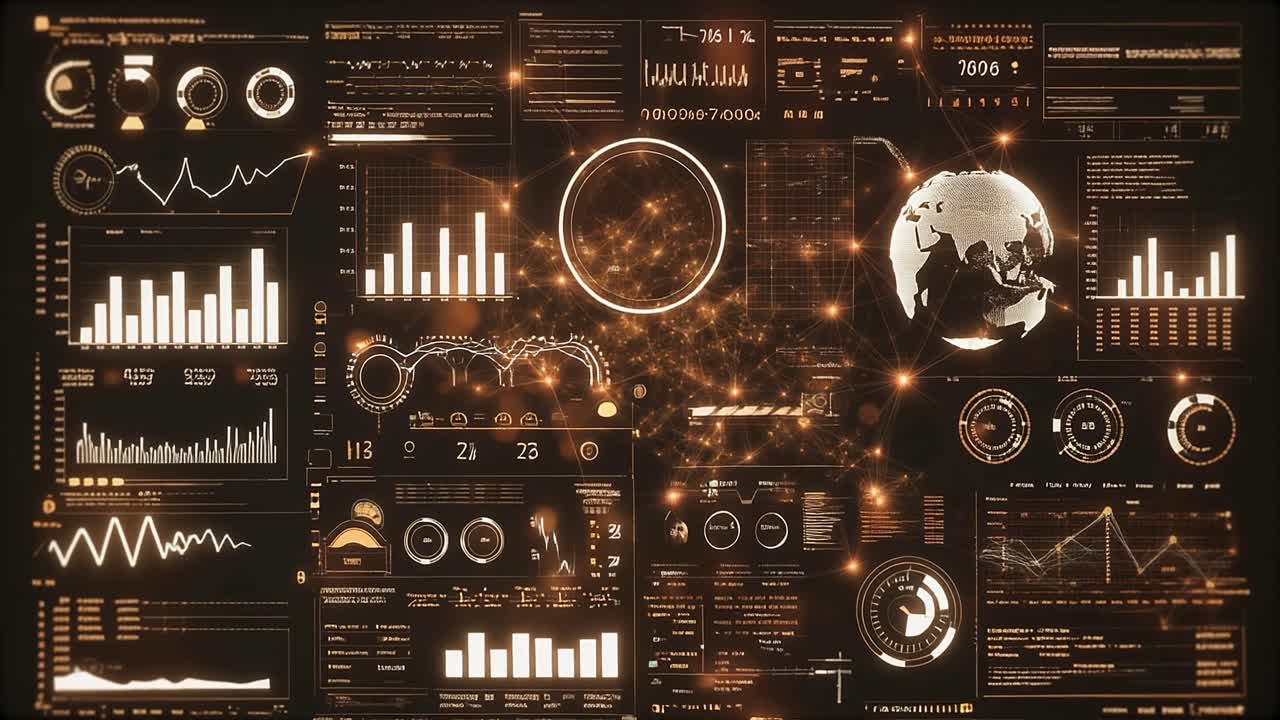 High-Tech Digital Display with Charts, Graphs, and Rotating Globe