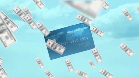 Animation of american dollar banknotes falling over credit card