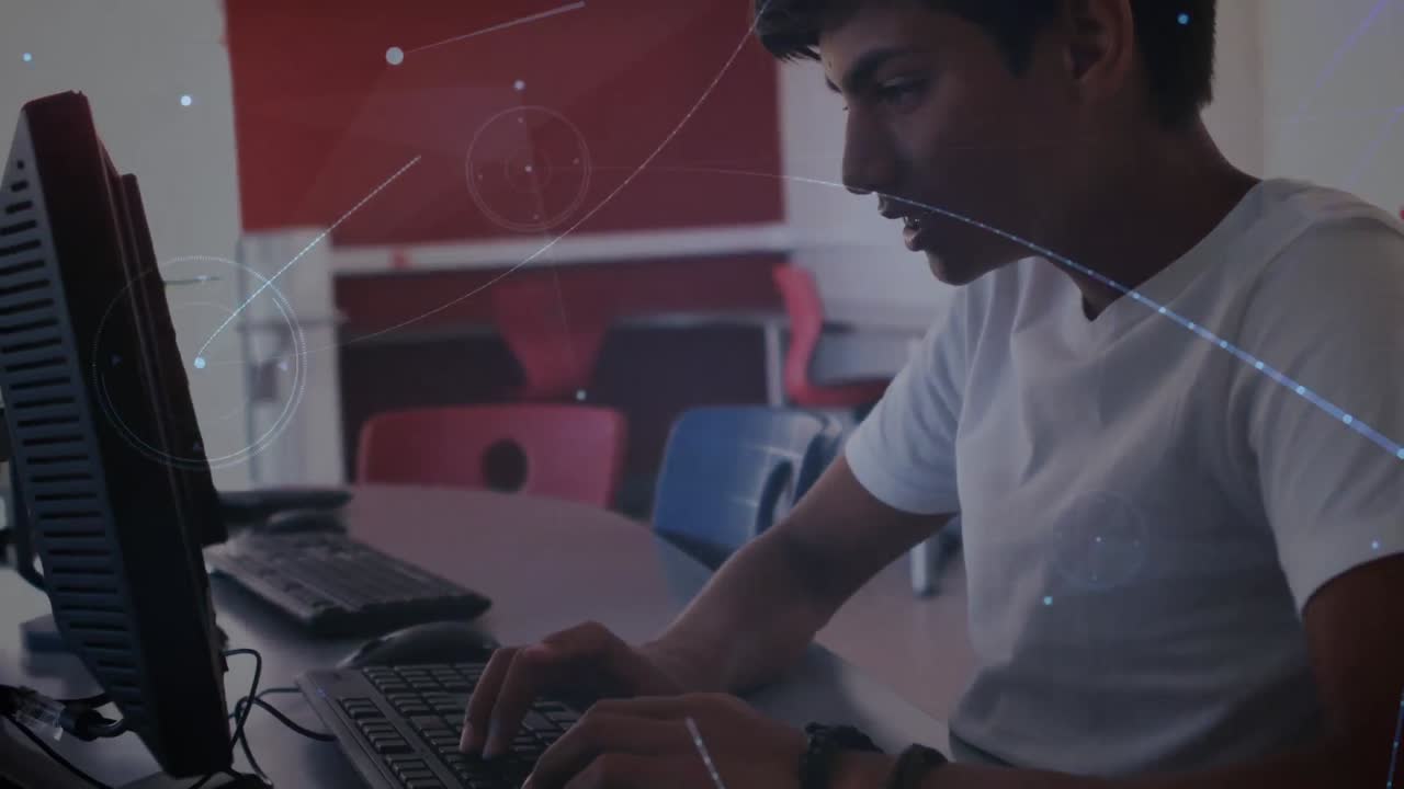 animación de la red de conexiones sobre el estudiante masculino biracial usando computadora en el aula