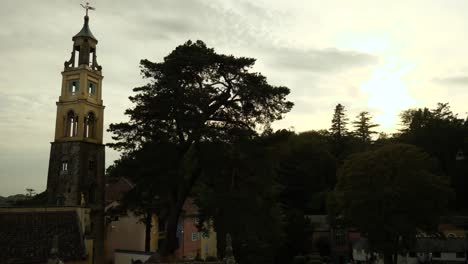 sunset in portmeirion, an italian style tourist village on the coast of north wales, uk