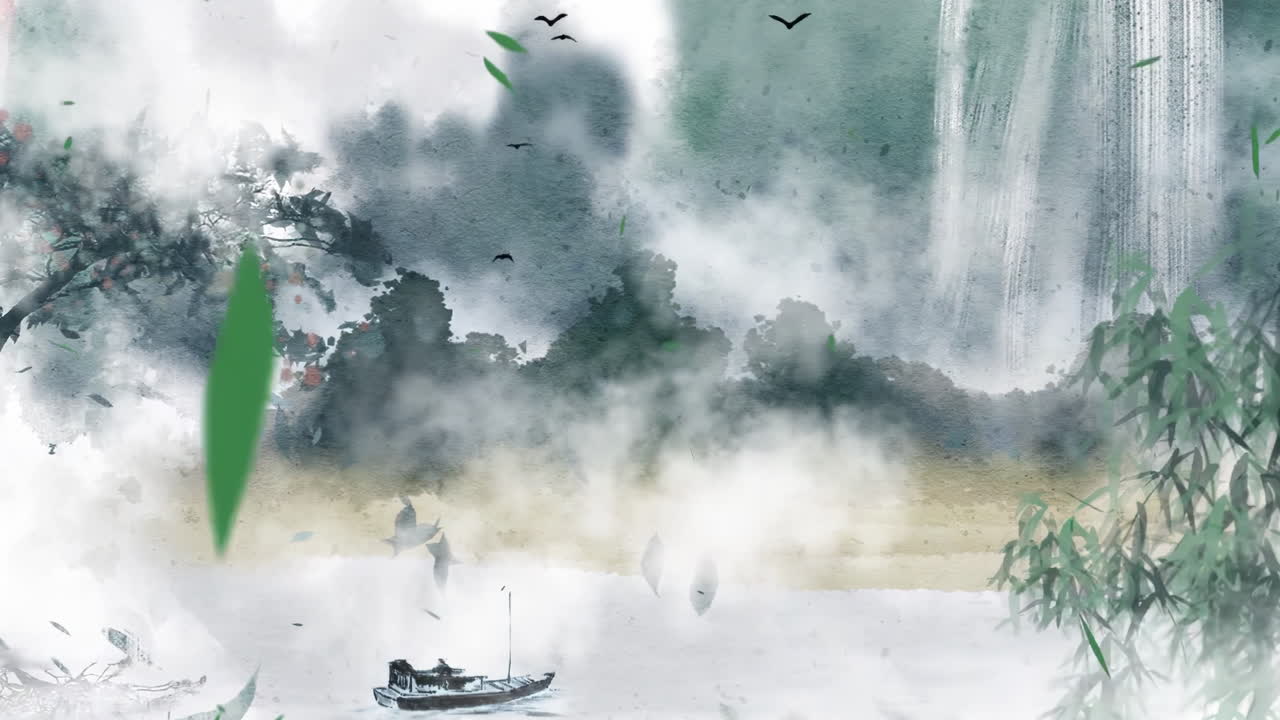 아름다운 아침 하늘, 산, 꽃, 호수, 고대 집의 환상적인 밝은 분위기 풍경, 간단한 애니메이션과 함께 일본어 중국 애니메이션 수채화 스타일