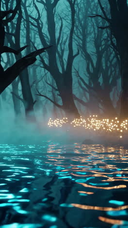 mystical dark forest at night