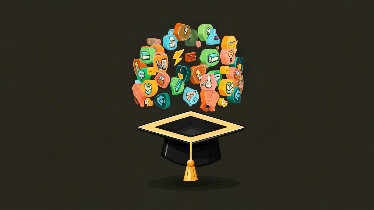 A Creative Representation of Education and Knowledge: An Illustration Featuring a Graduation Cap Surrounded by Colorful Icons Symbolizing Learning, Science, and Innovation