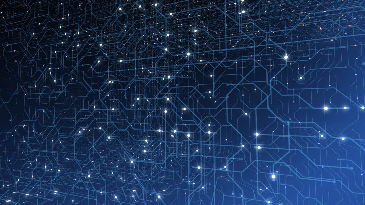 4k loop sem costura de tecnologia de circuito de impressão conceito cibernético e futurista. placa de circuito com elétrons em movimento. processamento de dados de cpu. animação de dados de tela de tecnologia futurística hud.