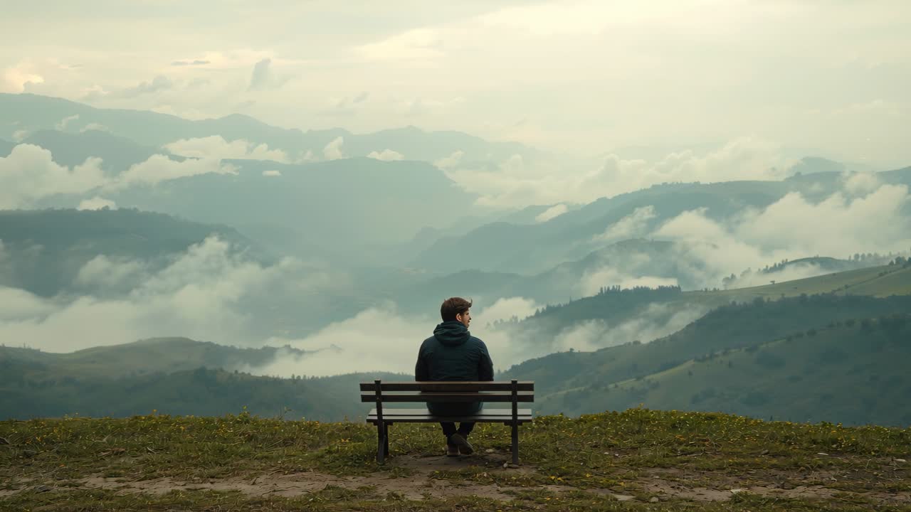 Sitting hiker in dark hoodie on wooden bench atop ridge scanning watching moving clouds over ridges