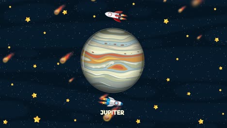rockets orbit jupiter amidst stars and meteors in a colorful, dynamic animation with a playful, cosmic theme