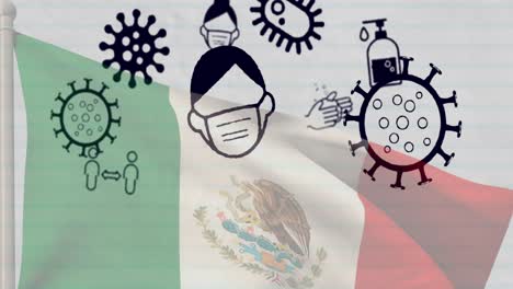 animación de células del virus covid 19 e iconos digitales sobre la bandera de méxico