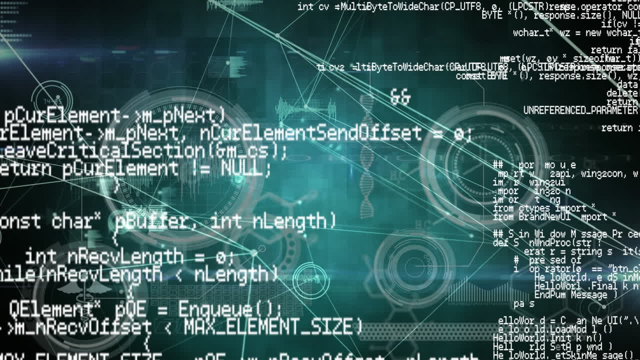 Animation of dna strand, scope scanning and data processing over black background