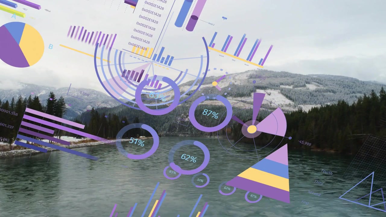 Valle fluviale visualizzata con infografiche fluttuanti, che si sovrappongono all'aggiornamento dei dati, mostrando percentuali